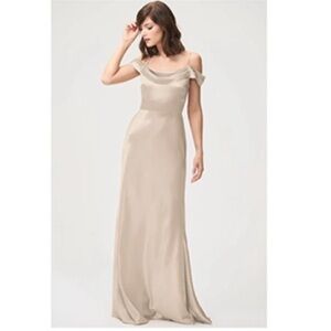 Jenny Yoo Serena Gold Satin Off Shoulder Gown Maxi Dress Bridesmaid Cowl Neck 8
